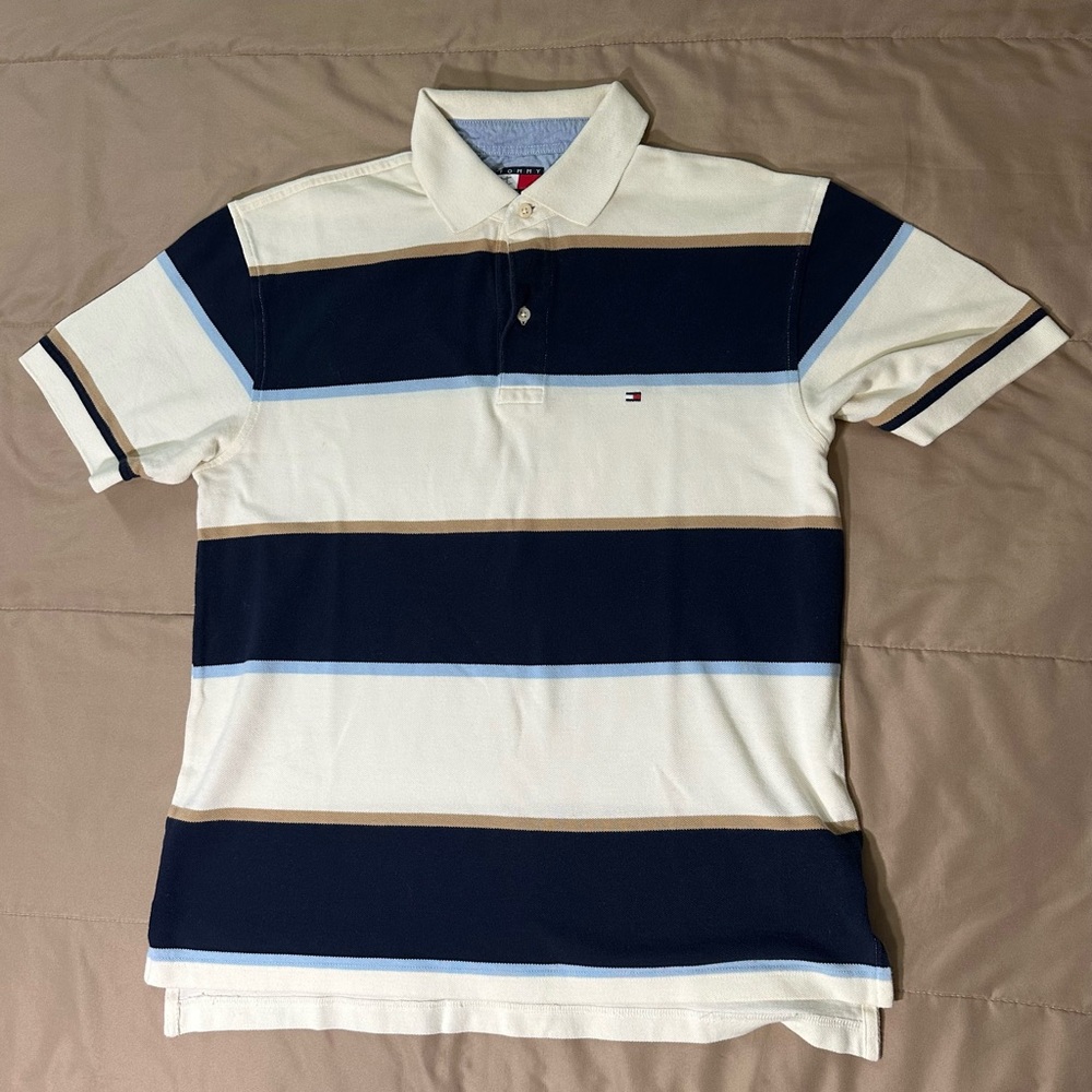 00s Y2K Vintage Tommy Hilfiger tan navy striped polo shirt short sleeve